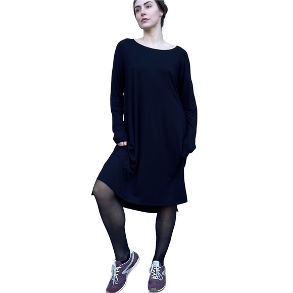 Eileen Fisher Basic Black Stretch Jersey Knit Oversized Long Sleeve Midi Dress L - Picture 1 of 7